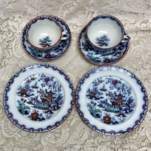 Antique, Flow Blue Willow, E.M. Co., England, 6pc- 2 Trio Set
